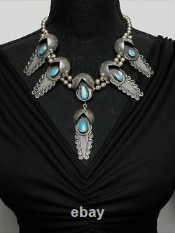 Vtg 100g Old Pawn Navajo Squash Blossom Turquoise Sterling Silver Necklace