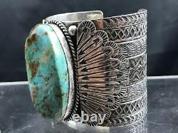 Vtg 164g Huge Navajo Stampwork Turquoise Sterling Silver Cuff Bracelet
