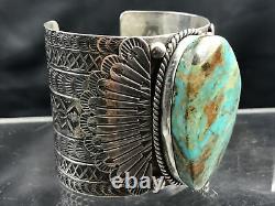 Vtg 164g Huge Navajo Stampwork Turquoise Sterling Silver Cuff Bracelet