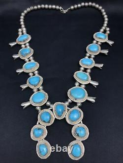 Vtg 183g Navajo Squash Blossom Sleeping Beauty Turquoise Sterling Necklace