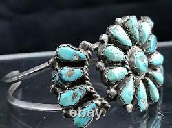 Vtg 30g Old Pawn Navajo Sterling Silver Cluster Turquoise Cuff Bracelet