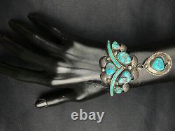 Vtg 43g Old Pawn Navajo Cluster Kingman Turquoise Sterling Silver Cuff Bracelet