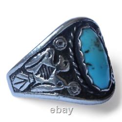 Vtg Fred Harvey Era Bell Sterling Thunderbird Motif Navajo Turquoise Ring Sz 5.5