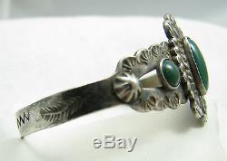 Vtg Fred Harvey Era Navajo Sterling Silver 3 Green Stone Turquoise Cuff Bracelet