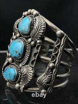 Vtg Huge 102g Old Pawn Navajo 3 Turquoise Detailed Sterling Cuff Bracelet