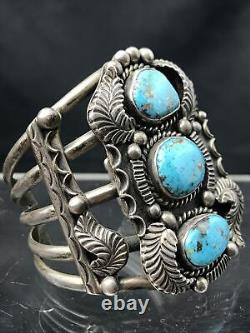 Vtg Huge 102g Old Pawn Navajo 3 Turquoise Detailed Sterling Cuff Bracelet