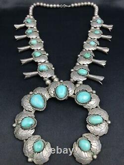 Vtg Huge 277g Old Pawn Navajo Squash Blossom Turquoise Sterling Silver Necklace