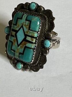 Vtg Huge B Chavez Navajo Sterling Silver Turquoise Biker Ring Signed Adjustable