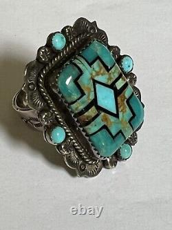 Vtg Huge B Chavez Navajo Sterling Silver Turquoise Biker Ring Signed Adjustable