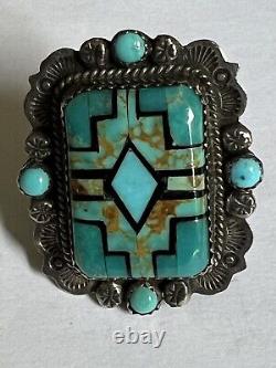 Vtg Huge B Chavez Navajo Sterling Silver Turquoise Biker Ring Signed Adjustable