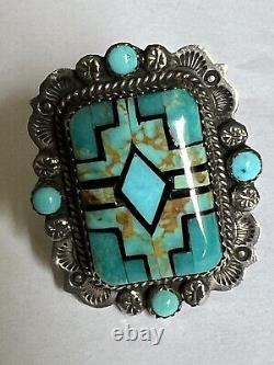 Vtg Huge B Chavez Navajo Sterling Silver Turquoise Biker Ring Signed Adjustable