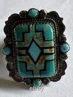 Vtg Huge B Chavez Navajo Sterling Silver Turquoise Biker Ring Signed Adjustable