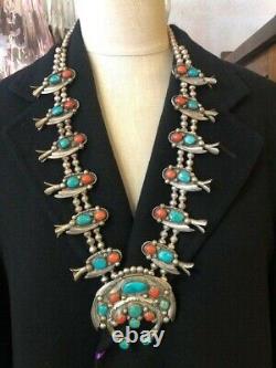 Vtg Huge Navajo Sterling Silver Turquoise & Coral Squash Blossom Necklace. 31l