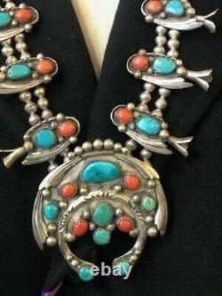 Vtg Huge Navajo Sterling Silver Turquoise & Coral Squash Blossom Necklace. 31l