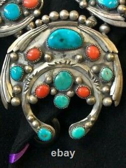 Vtg Huge Navajo Sterling Silver Turquoise & Coral Squash Blossom Necklace. 31l