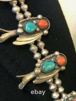 Vtg Huge Navajo Sterling Silver Turquoise & Coral Squash Blossom Necklace. 31l