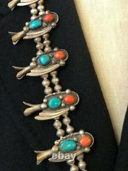 Vtg Huge Navajo Sterling Silver Turquoise & Coral Squash Blossom Necklace. 31l