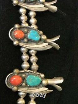 Vtg Huge Navajo Sterling Silver Turquoise & Coral Squash Blossom Necklace. 31l