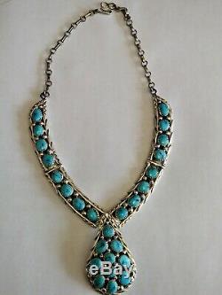 Vtg J. W. Tom Turquoise Squash Blossom Sterling Silver 925 Necklace