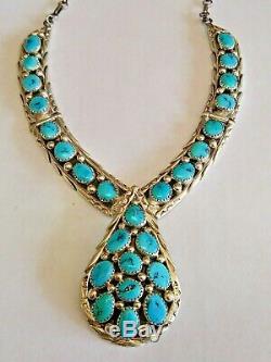 Vtg J. W. Tom Turquoise Squash Blossom Sterling Silver 925 Necklace
