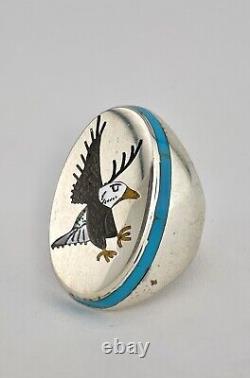 Vtg Larry Watchman Navajo Sterling Silver Flush Turquoise Flying Eagle Ring