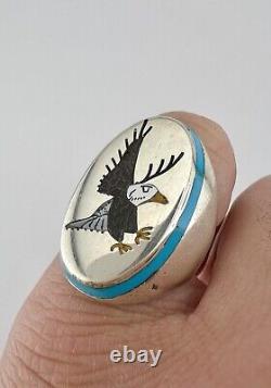 Vtg Larry Watchman Navajo Sterling Silver Flush Turquoise Flying Eagle Ring