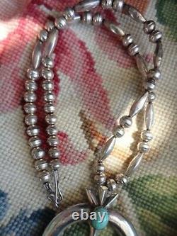 Vtg Native American Navajo Naja Turquoise Pendant Silver Bench Beads Necklace