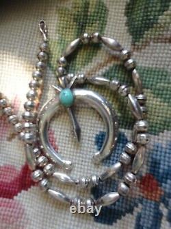 Vtg Native American Navajo Naja Turquoise Pendant Silver Bench Beads Necklace