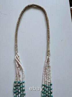 Vtg Navajo Handmade Long Beaded Turquoise and White Shell Necklace Multistrand