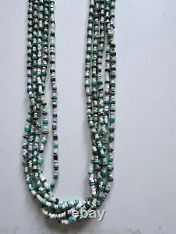 Vtg Navajo Handmade Long Beaded Turquoise and White Shell Necklace Multistrand