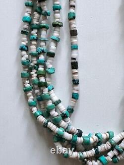 Vtg Navajo Handmade Long Beaded Turquoise and White Shell Necklace Multistrand