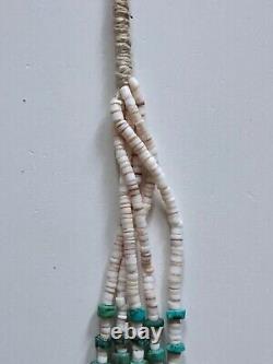 Vtg Navajo Handmade Long Beaded Turquoise and White Shell Necklace Multistrand