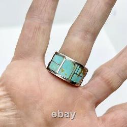 Vtg Navajo Kingman Inlay Turquoise Men's Ring Band Sz 13 Sterling 1/2 18.1g