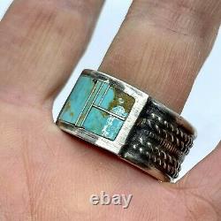 Vtg Navajo Kingman Inlay Turquoise Men's Ring Band Sz 13 Sterling 1/2 18.1g