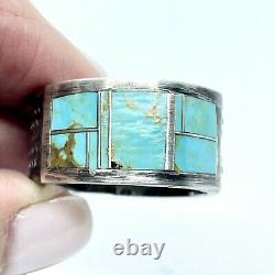 Vtg Navajo Kingman Inlay Turquoise Men's Ring Band Sz 13 Sterling 1/2 18.1g