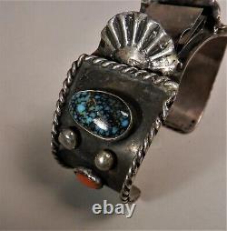 Vtg Navajo Lander Blue Turquoise, Coral, & Sterling Watch Band Cuff, Sgnd'w