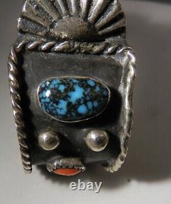 Vtg Navajo Lander Blue Turquoise, Coral, & Sterling Watch Band Cuff, Sgnd'w