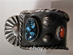 Vtg Navajo Lander Blue Turquoise, Coral, & Sterling Watch Band Cuff, Sgnd'w