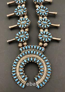 Vtg Navajo Petit Point Cluster Blue Turquoise Sterling Squash Blossom Necklace