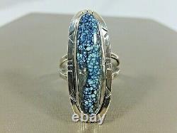 Vtg Navajo Signed Sterling Silver Kingman Black Web Spiderweb Turquoise Ring S 9