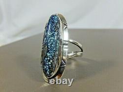 Vtg Navajo Signed Sterling Silver Kingman Black Web Spiderweb Turquoise Ring S 9