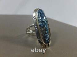 Vtg Navajo Signed Sterling Silver Kingman Black Web Spiderweb Turquoise Ring S 9