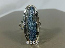 Vtg Navajo Signed Sterling Silver Kingman Black Web Spiderweb Turquoise Ring S 9