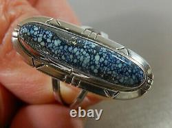 Vtg Navajo Signed Sterling Silver Kingman Black Web Spiderweb Turquoise Ring S 9