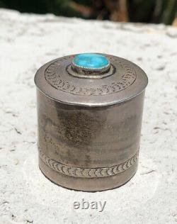 Vtg Navajo Stamped Sterling Silver & Carico Lake Turquoise Stamp Box Dispenser