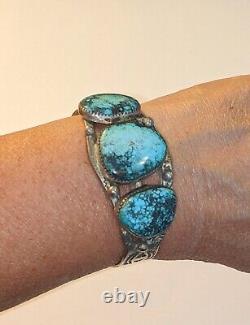 Vtg Navajo Stamped Sterling Silver Kingman Arizona Turquoise Cuff Bracelet 42 Gr