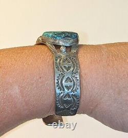 Vtg Navajo Stamped Sterling Silver Kingman Arizona Turquoise Cuff Bracelet 42 Gr