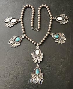 Vtg Navajo Sterling Silver Bisbee Turquoise & Mop Squash Blossom Dangle Necklace