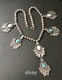 Vtg Navajo Sterling Silver Bisbee Turquoise & Mop Squash Blossom Dangle Necklace