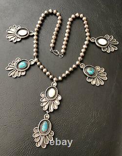 Vtg Navajo Sterling Silver Bisbee Turquoise & Mop Squash Blossom Dangle Necklace